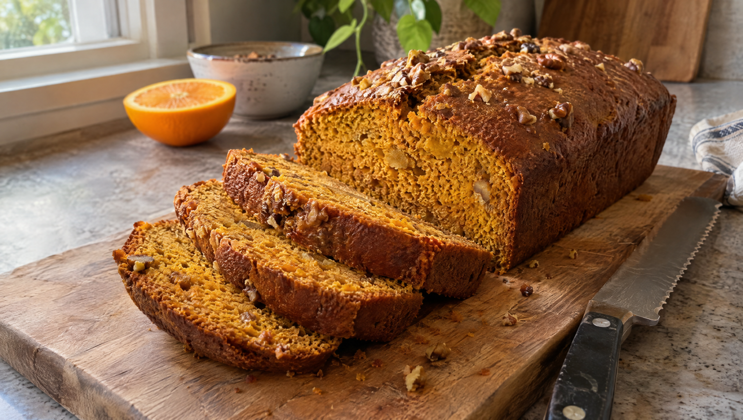Homemade pumpkin bread loaf with walnuts on a wooden board, three slices cut to show a moist orange crumb