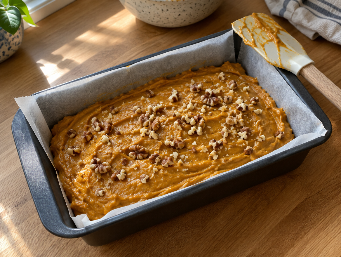 Pumpkin bread batter smoothed into a lined loaf pan and topped with walnuts