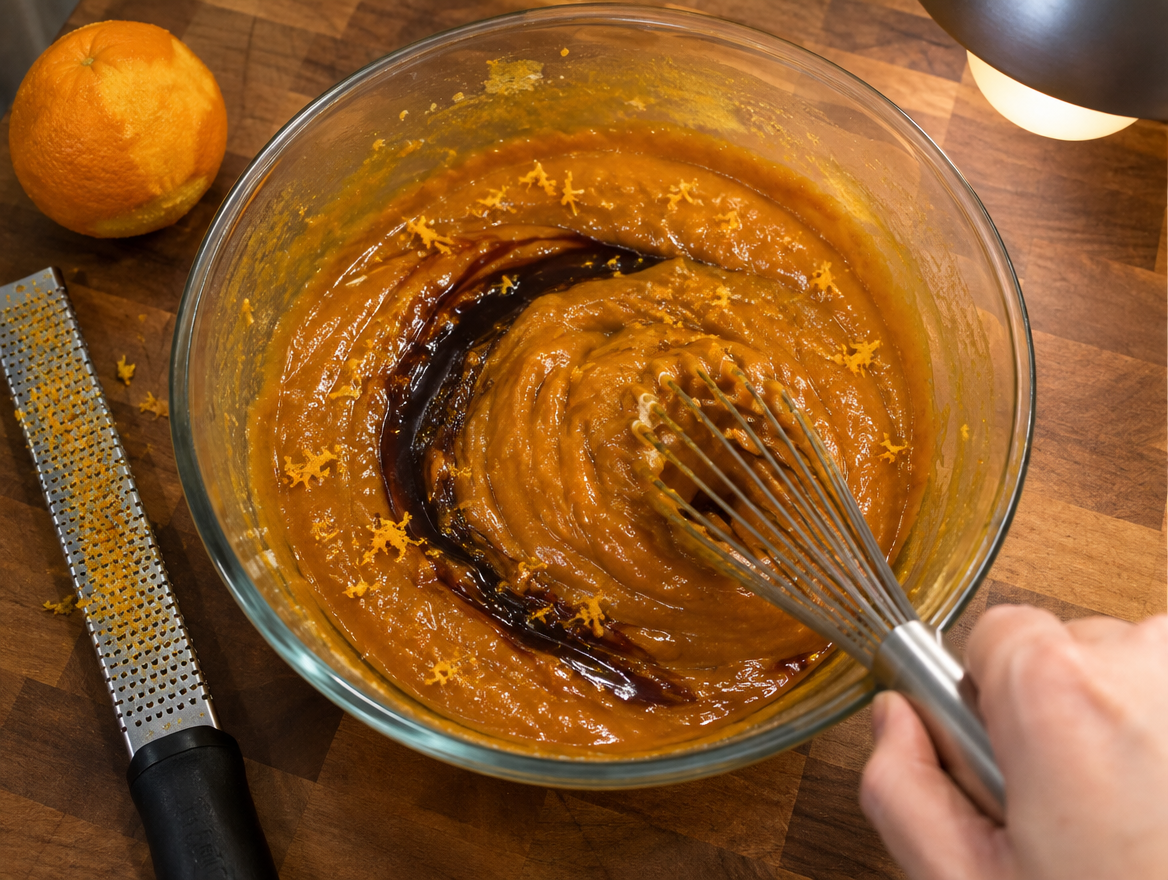 Whisking pumpkin puree, brown sugar, eggs, butter, molasses and orange zest