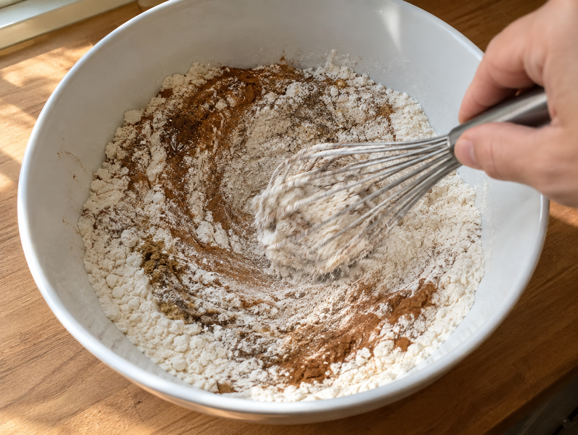 Whisking flour with cinnamon, ginger, nutmeg and allspice for pumpkin bread