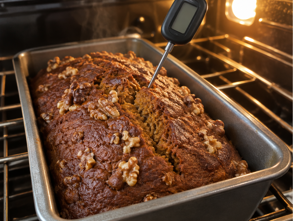 Checking the center of a baked pumpkin bread loaf with an instant-read thermometer