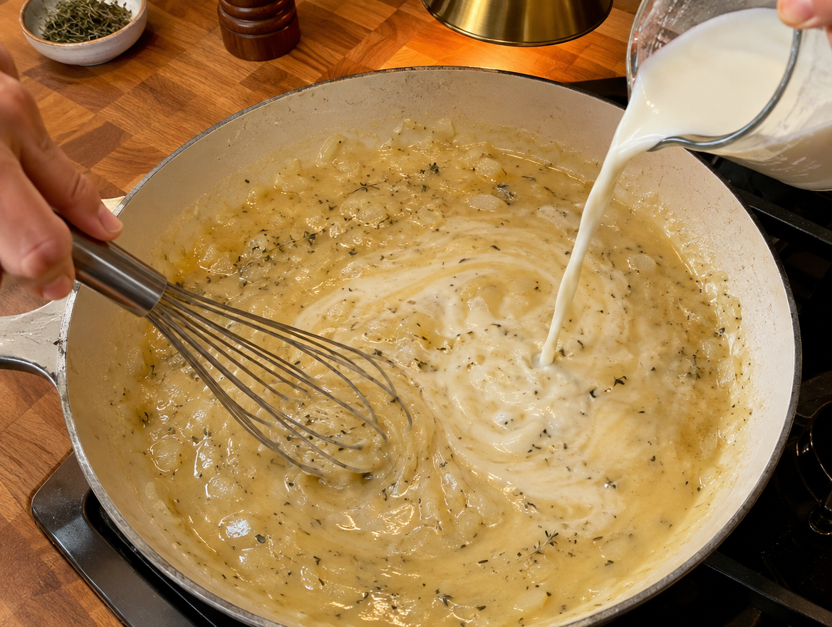 Whisking broth and milk into a butter and flour roux for chicken pot pie sauce