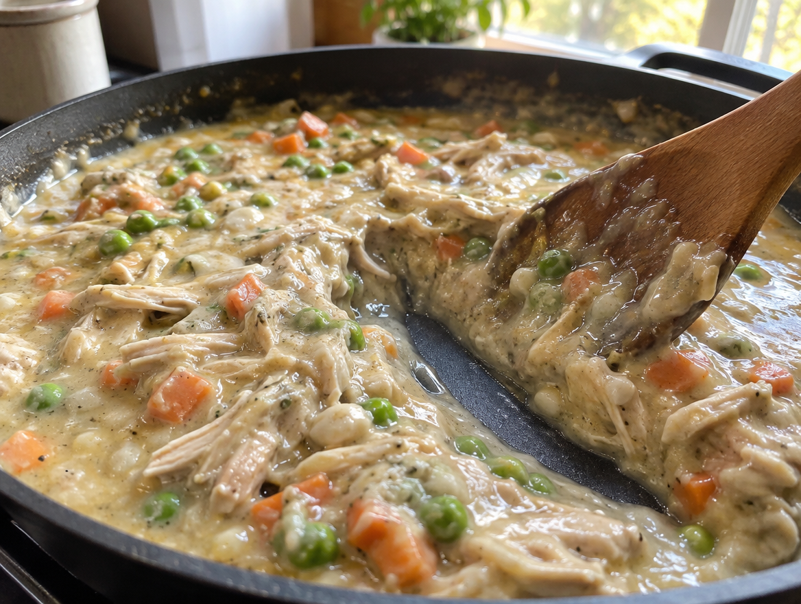 Stirring rotisserie chicken and frozen peas and carrots into thick pot pie sauce