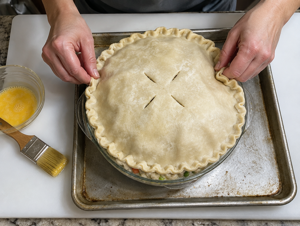 Crimping a pie crust over chicken pot pie filling with vents cut and egg wash