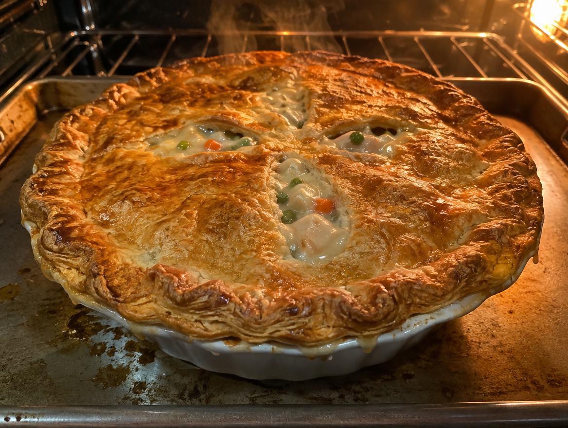 Chicken pot pie bubbling through the vents with a deep golden crust in the oven