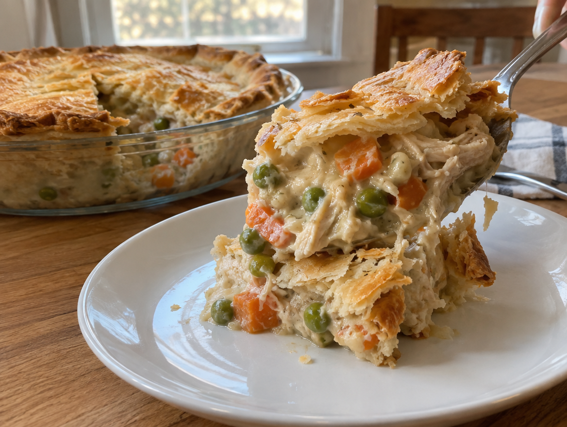 Serving a scoop of rested chicken pot pie with thick creamy filling