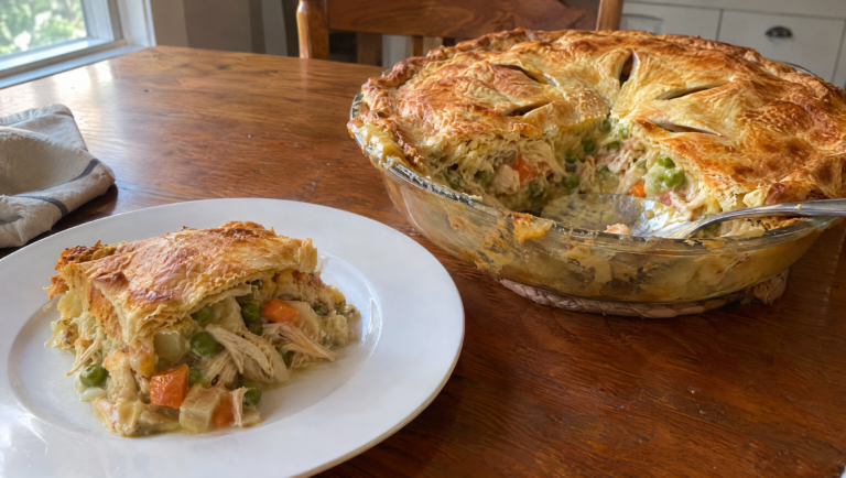 Easy chicken pot pie with a golden top crust in a glass pie dish, one serving scooped out showing creamy chicken and vegetable filling