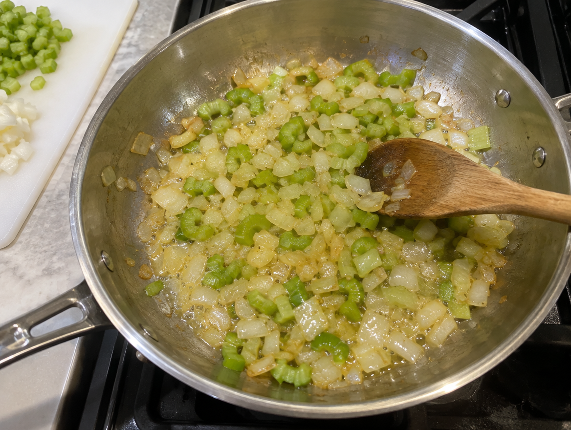 Onion and celery softening in butter in a skillet for chicken pot pie filling
