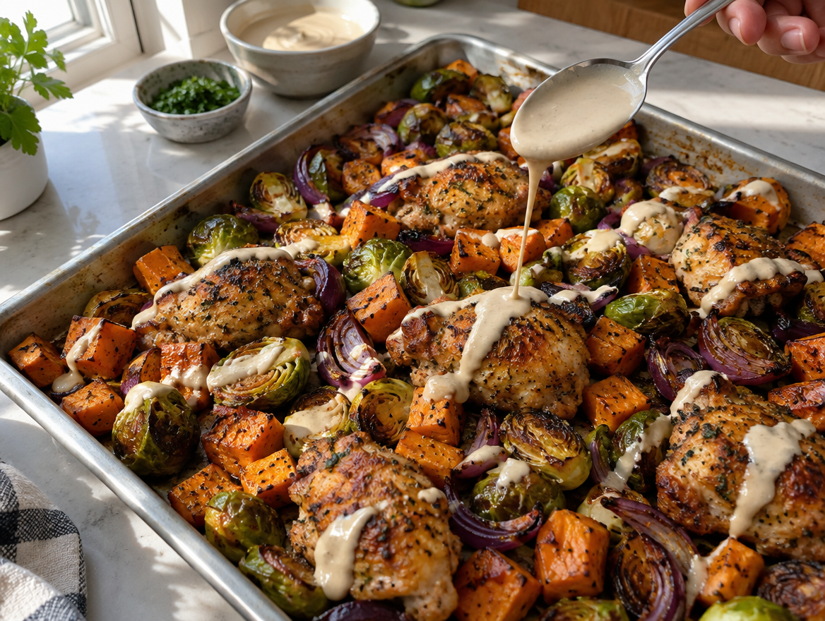 Harvest bowl sheet pan dinner with chicken, sweet potatoes and Brussels sprouts drizzled with tahini