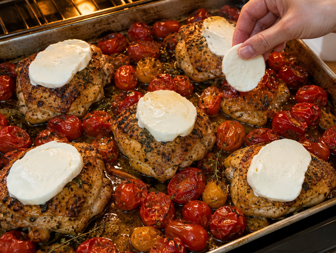 Laying fresh mozzarella on roasted chicken thighs for caprese chicken sheet pan dinner