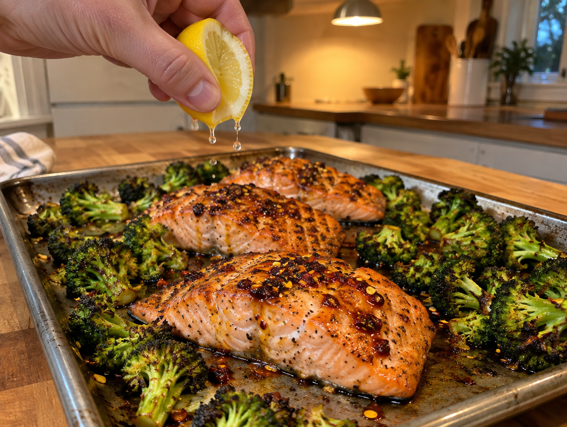 Squeezing lemon over spicy sheet pan salmon and charred broccoli
