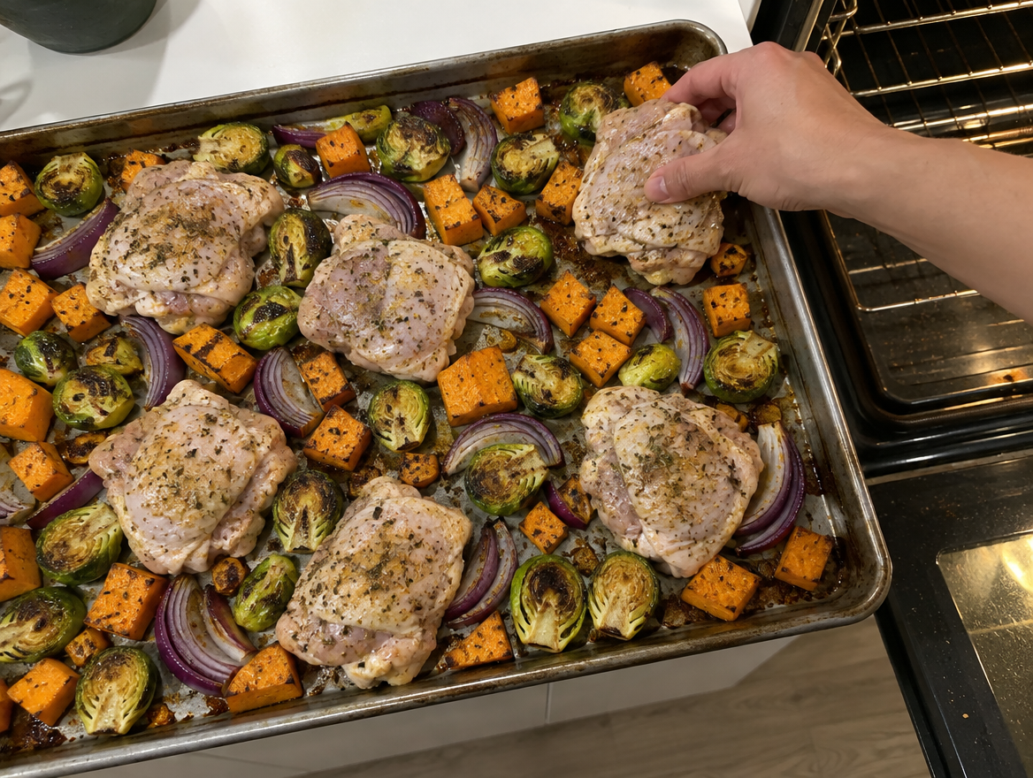Adding chicken pieces to a sheet pan of sweet potatoes and Brussels sprouts that got a 15-minute head start