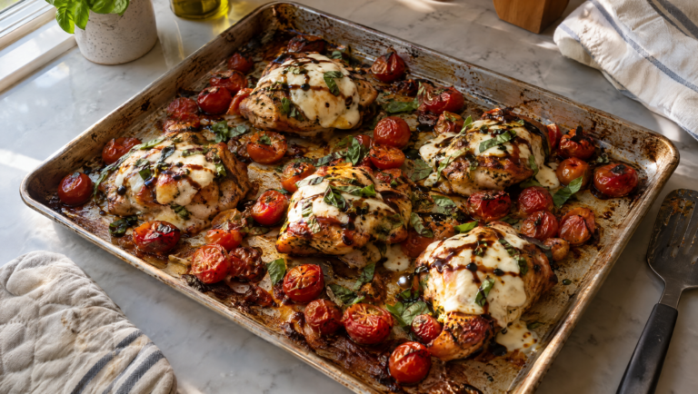Caprese chicken sheet pan dinner with browned chicken thighs, blistered cherry tomatoes, melted mozzarella and balsamic glaze
