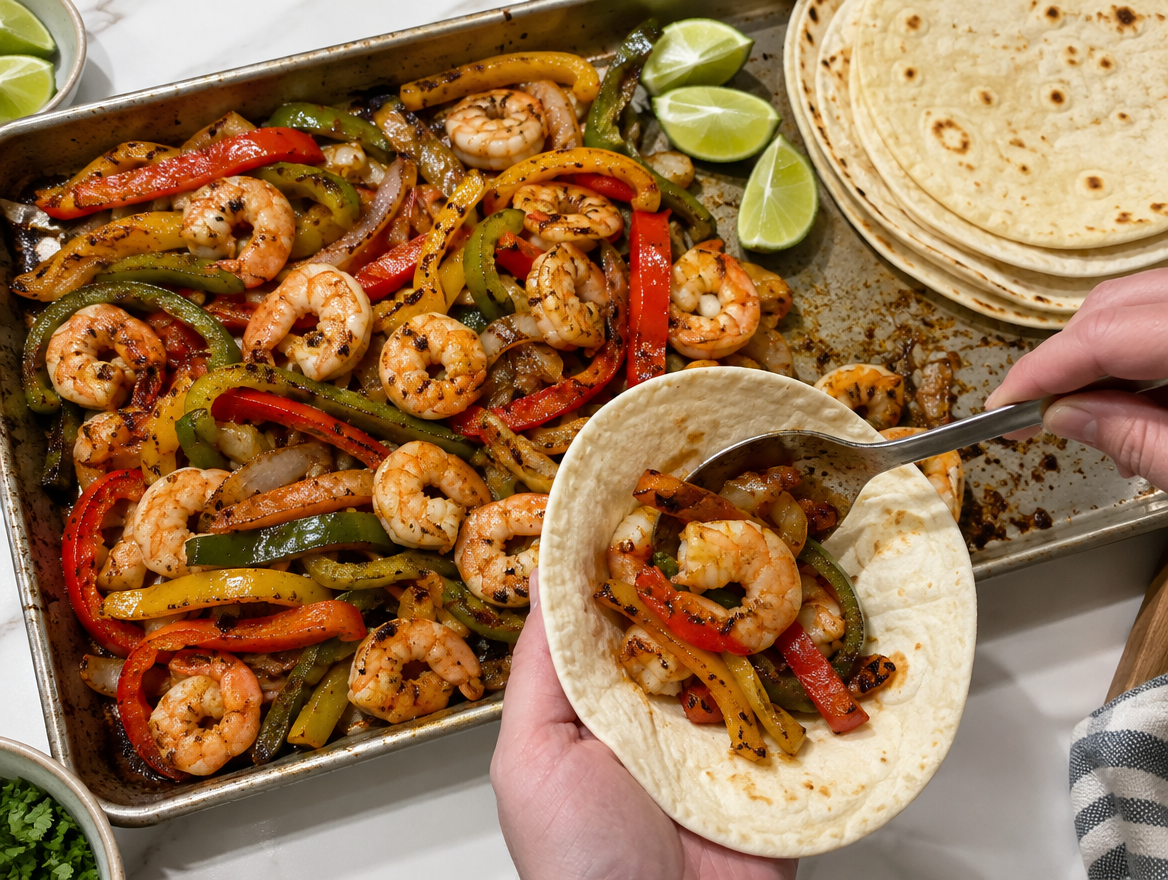 Sheet pan shrimp fajitas with charred peppers, lime and warm tortillas