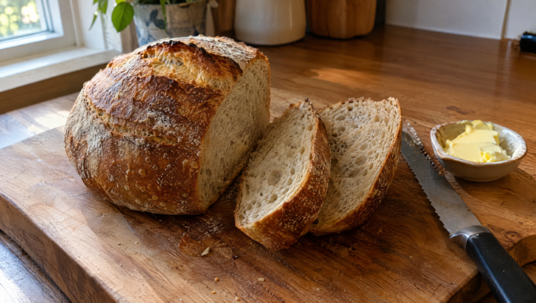 How to make sourdough bread at home: a baked sourdough loaf on a wooden board with two slices showing a moist, open crumb
