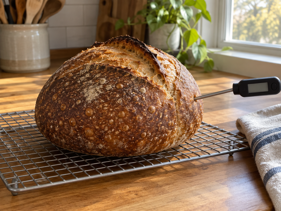 Baked sourdough loaf cooling on a wire rack with a probe thermometer checking the internal temperature