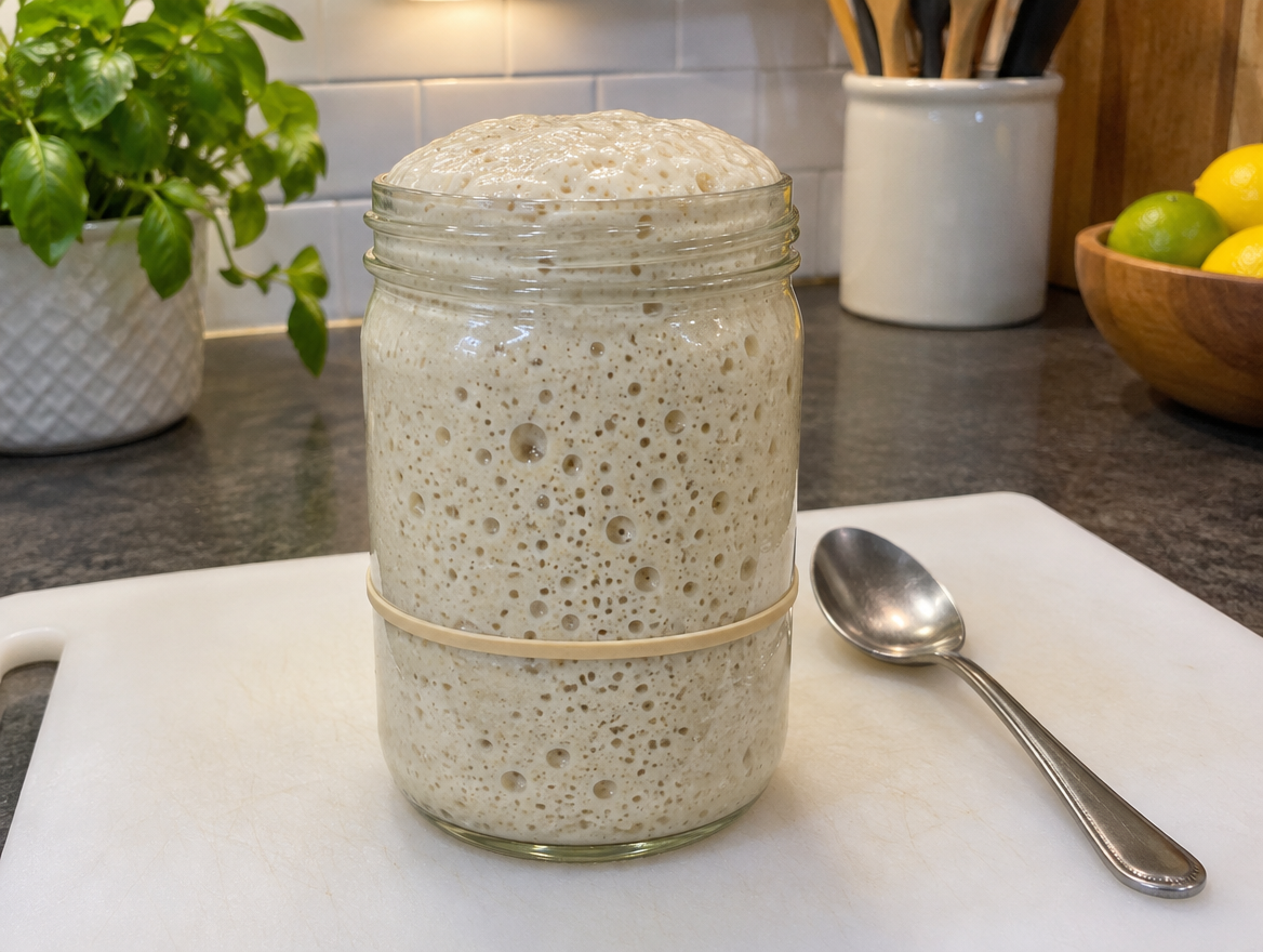 How to make sourdough bread, step 1: active starter doubled in a glass jar, bubbly and domed above a rubber band marking where it started