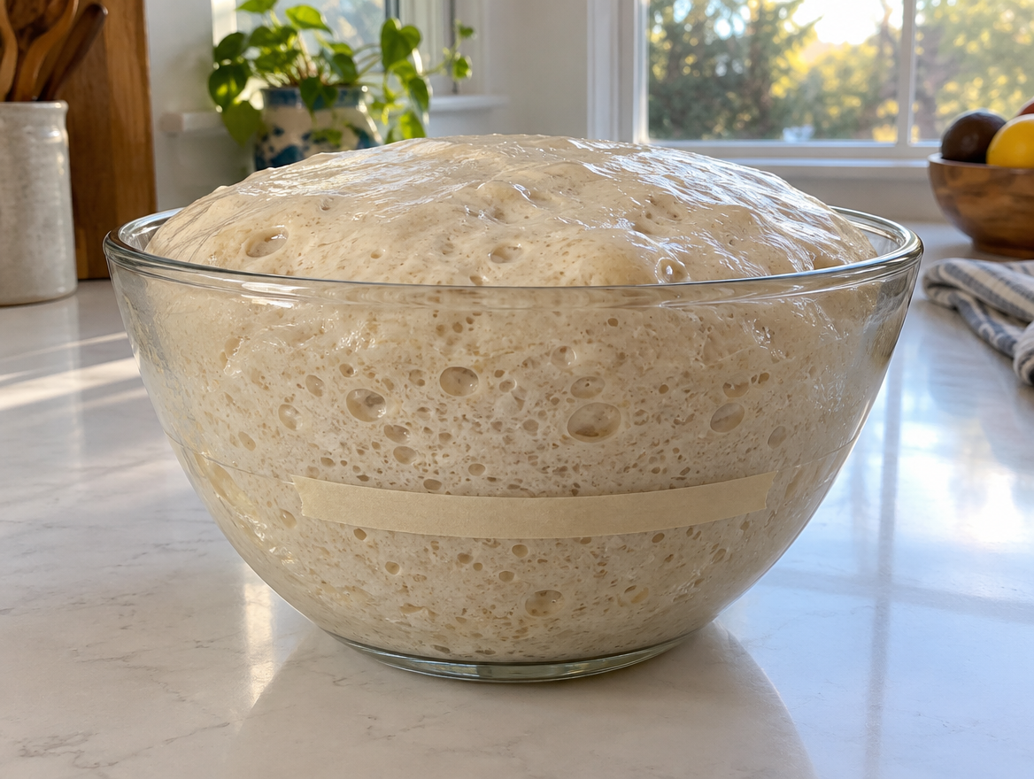 Sourdough dough at the end of bulk fermentation, puffy and domed with bubbles, well above a tape line on the glass bowl