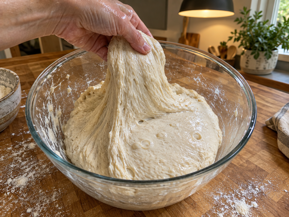 Wet hand stretching sourdough dough up from a glass bowl during a set of stretch and folds