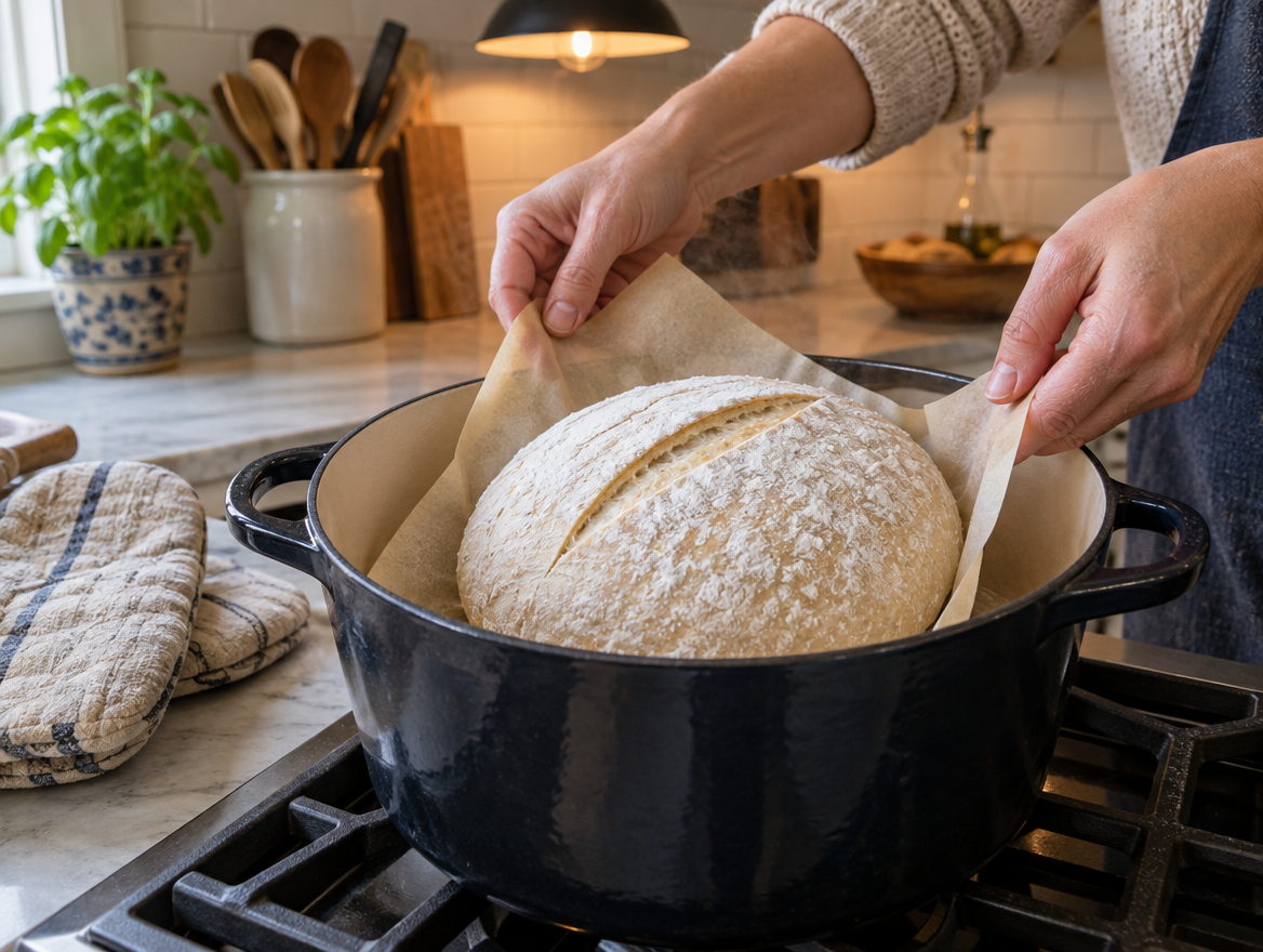 Scored sourdough dough on parchment being lowered into a preheated Dutch oven