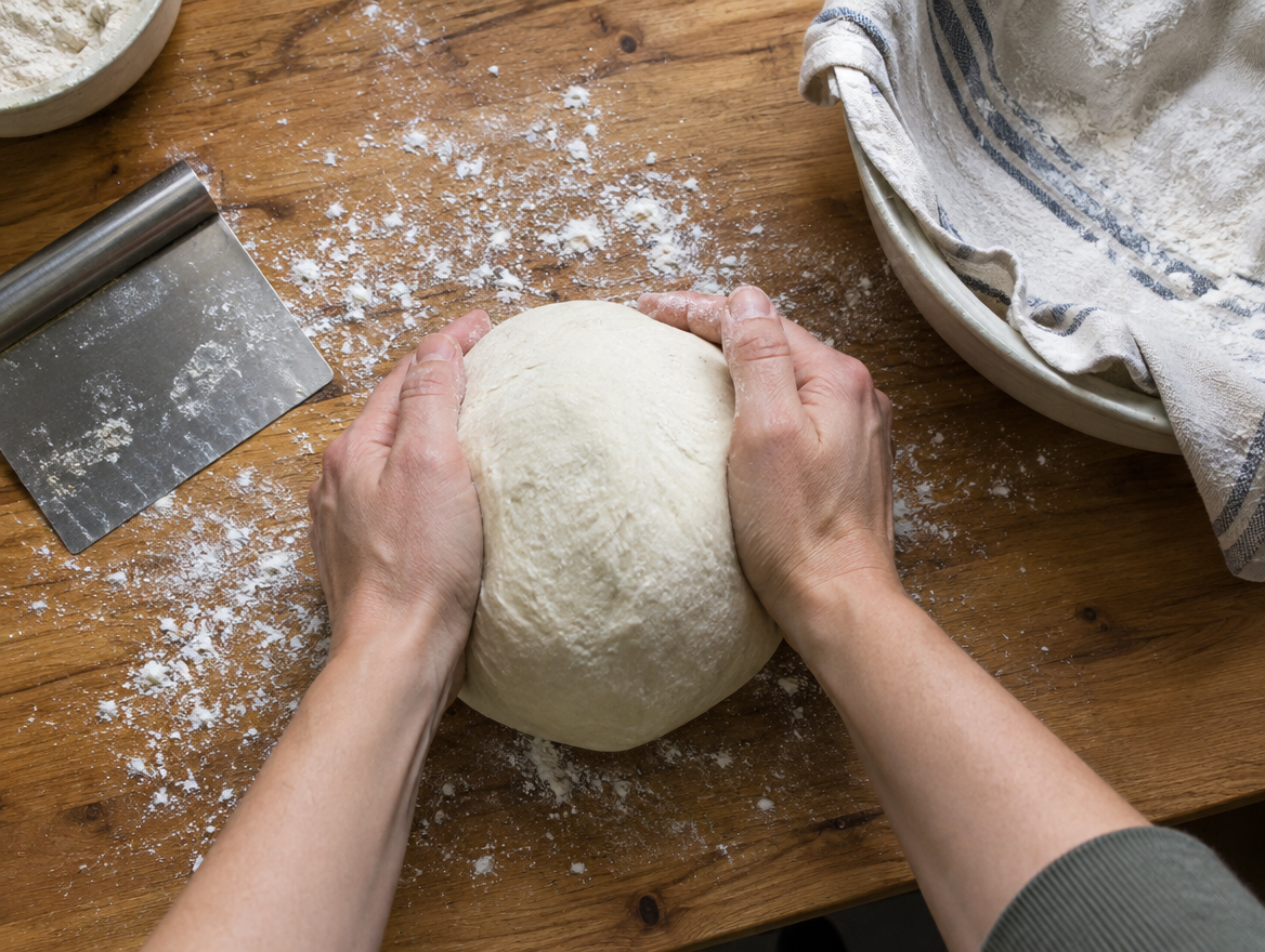 Hands shaping sourdough dough into a tight round on a floured counter next to a towel-lined bowl