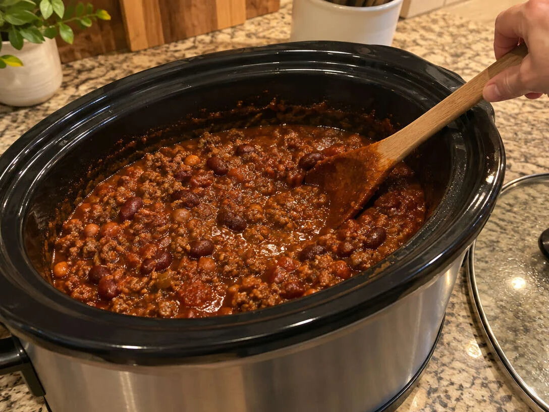 Thick ground beef chili in a slow cooker being stirred with a wooden spoon