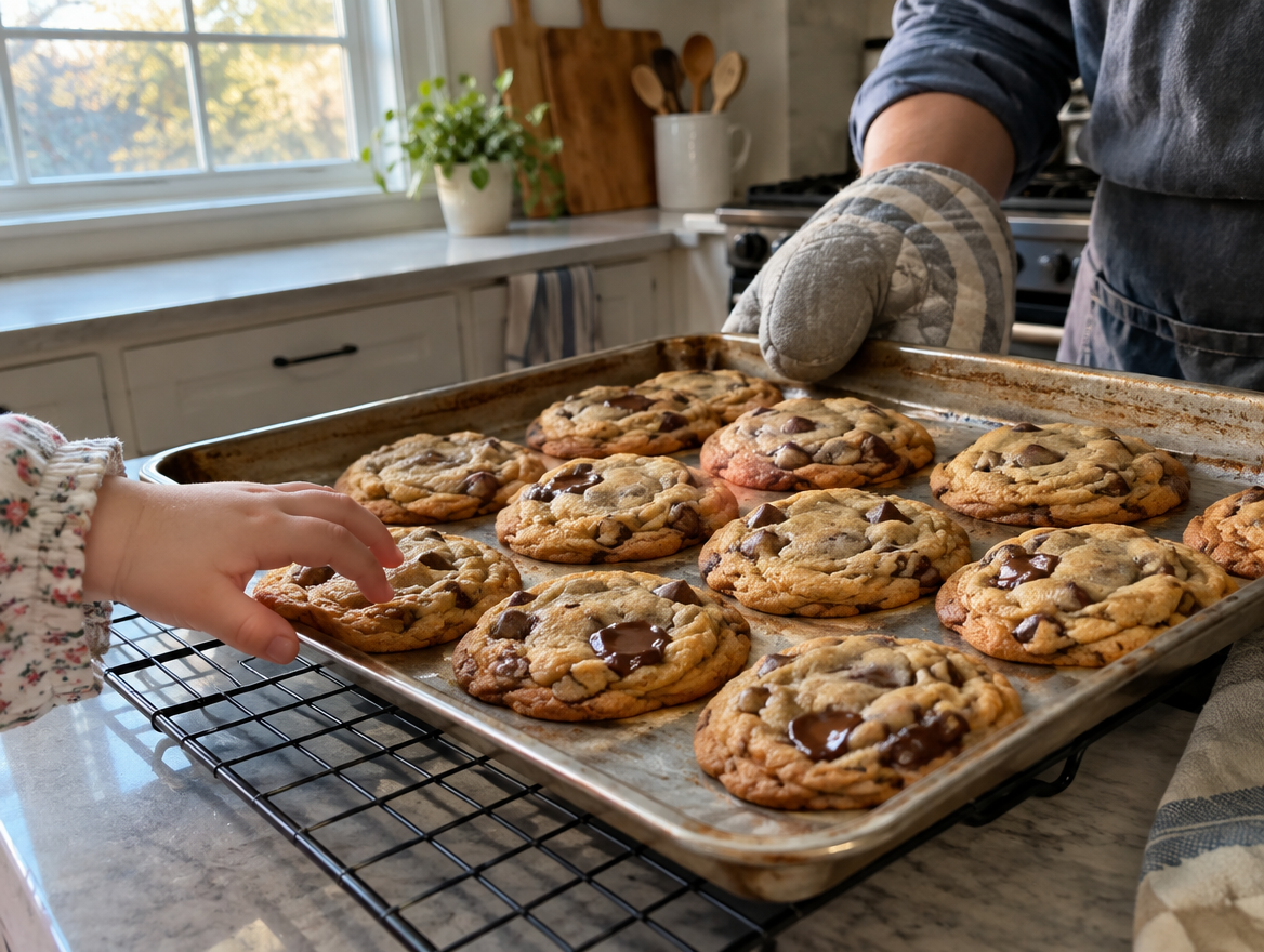 Chocolate chip cookies cooling on a wire rack as a child reaches for one