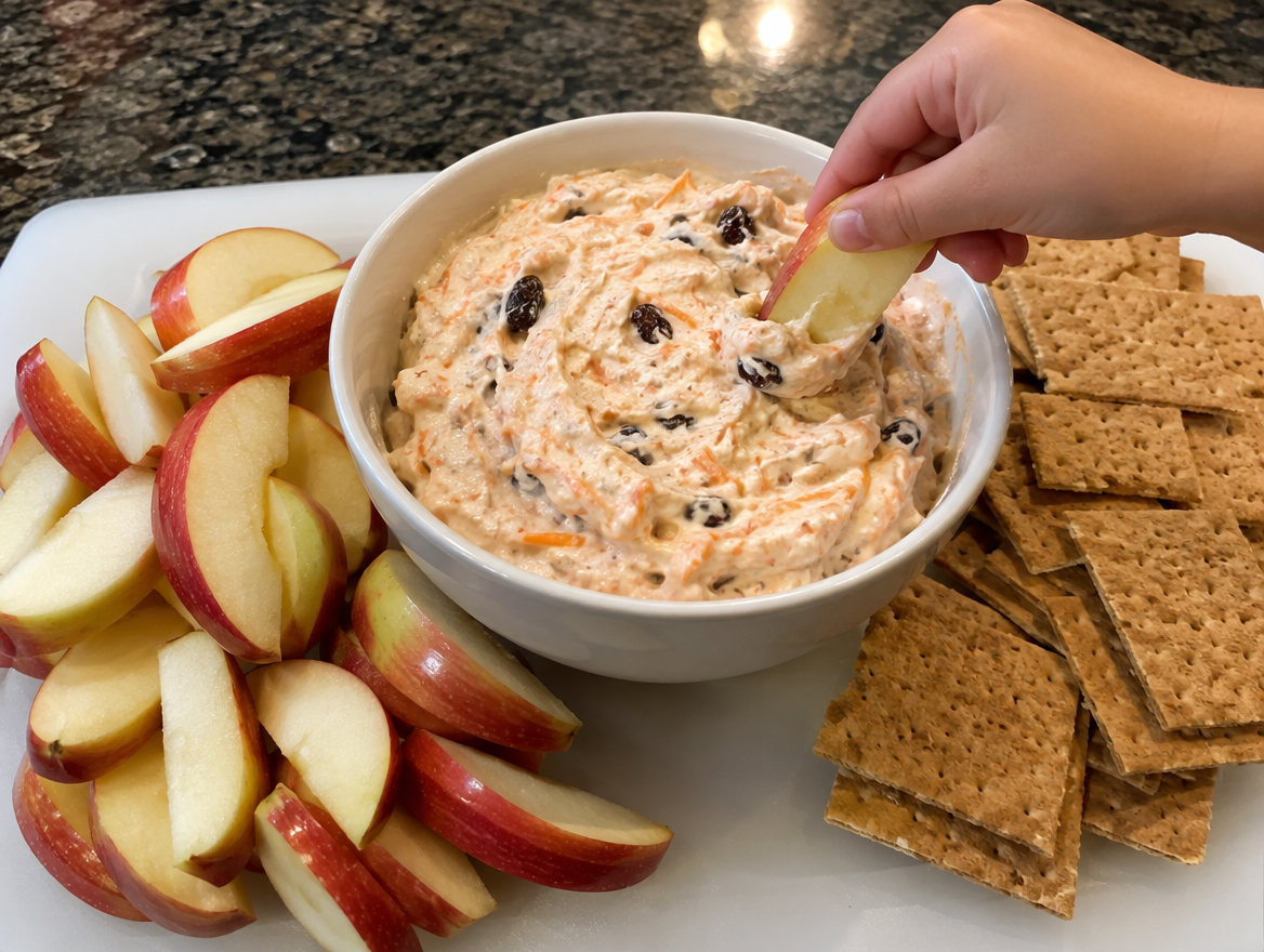 Carrot cake yogurt dip with apple slices and graham crackers