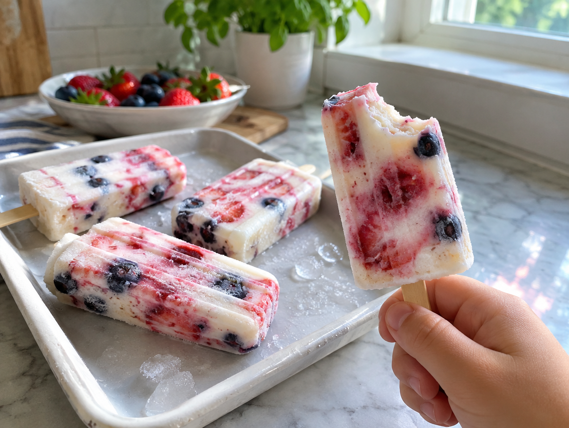 Yogurt fruit pops with strawberries and blueberries on wooden sticks