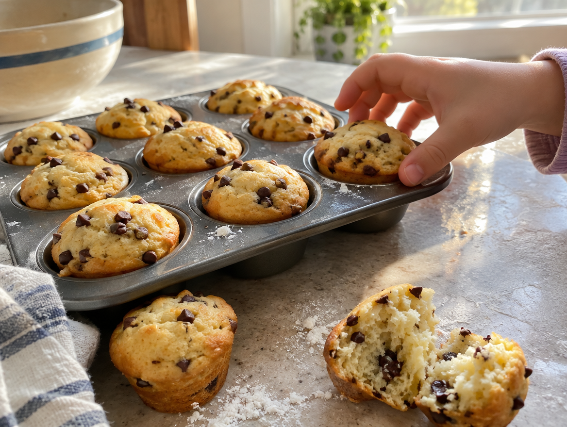 Mini chocolate chip pancake muffins fresh from the oven in a mini muffin tin