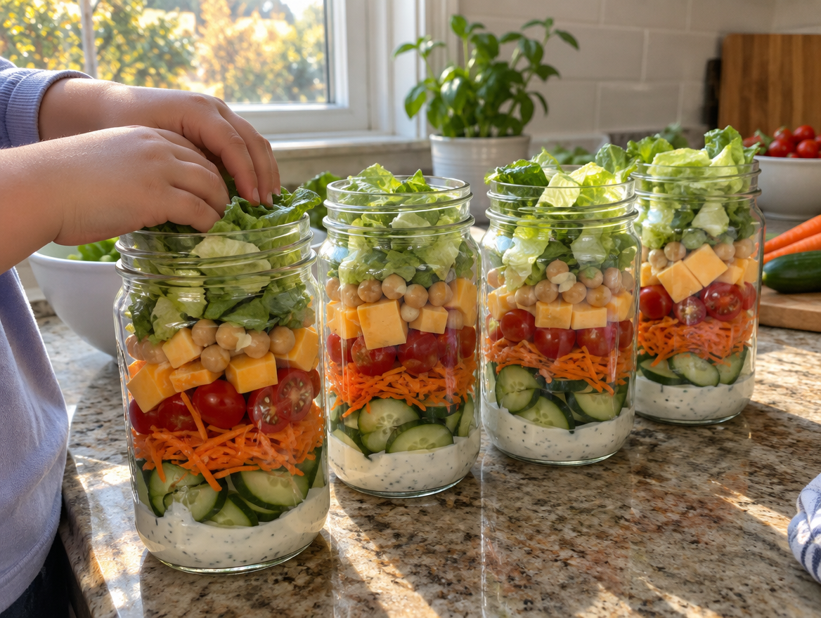 Salad in a jar layered with ranch, cucumber, carrot, tomatoes, cheese and lettuce
