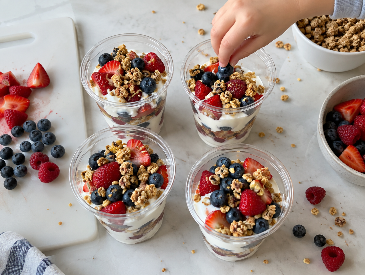 Berries and cream cups layered with Greek yogurt, mixed berries and granola