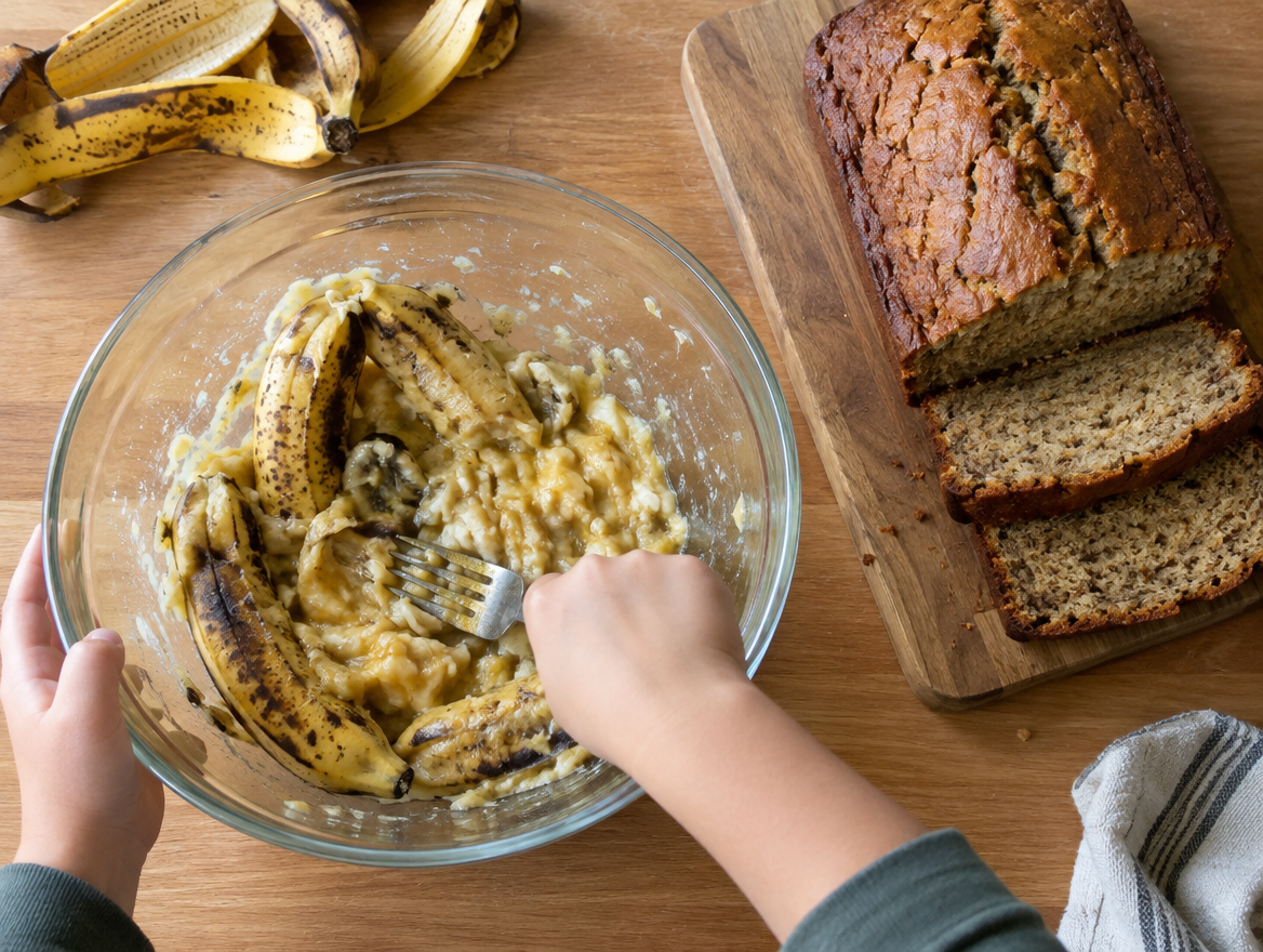 Child mashing ripe bananas for one-bowl banana bread next to a sliced loaf
