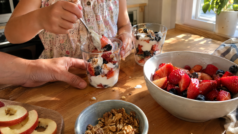 Child spooning berries and Greek yogurt into cups while cooking with kids at home