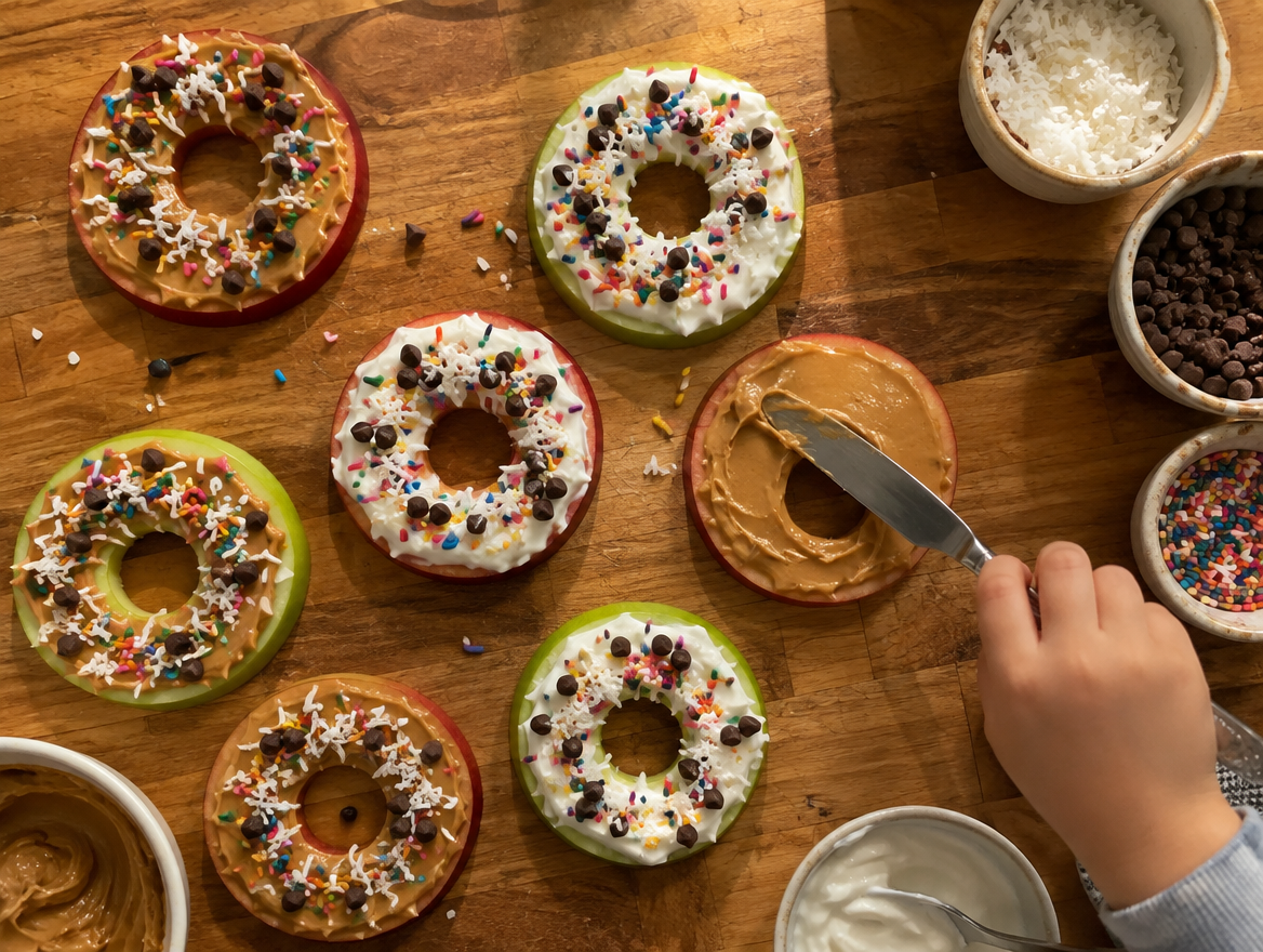 Apple donuts made from cored apple rings with peanut butter, yogurt and sprinkles
