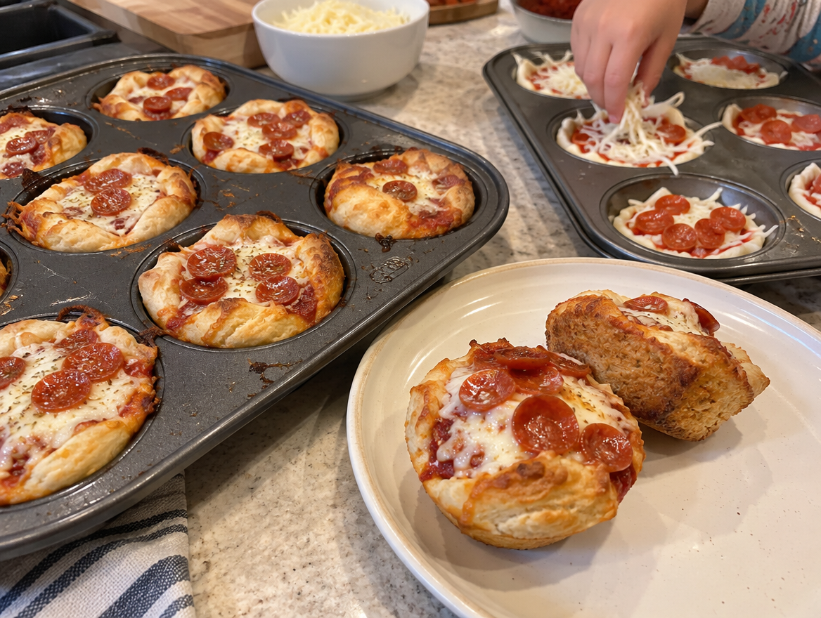 Biscuit pizza cups with melted mozzarella and mini pepperoni in a muffin tin