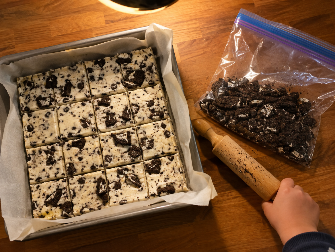 Cookies and cream fudge squares with crushed chocolate sandwich cookies