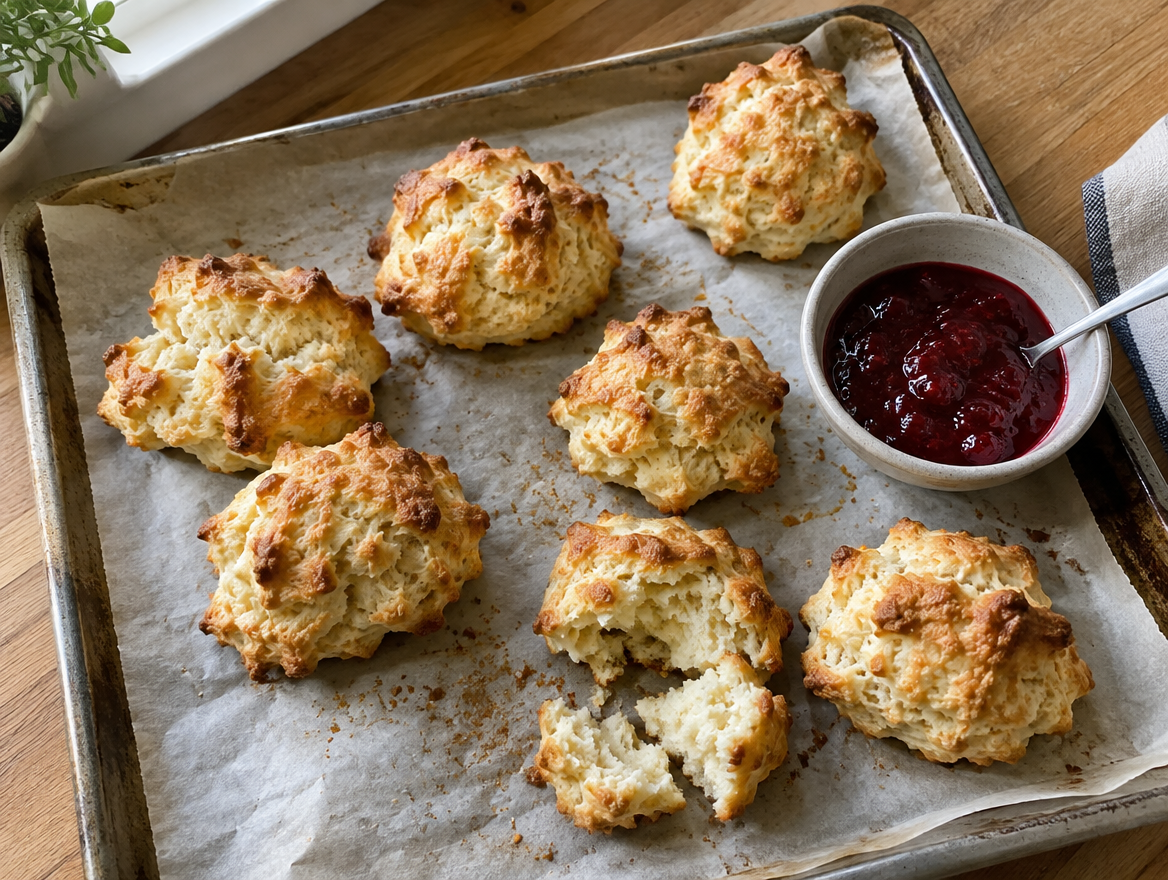 Golden drop biscuits with craggy tops on a sheet pan