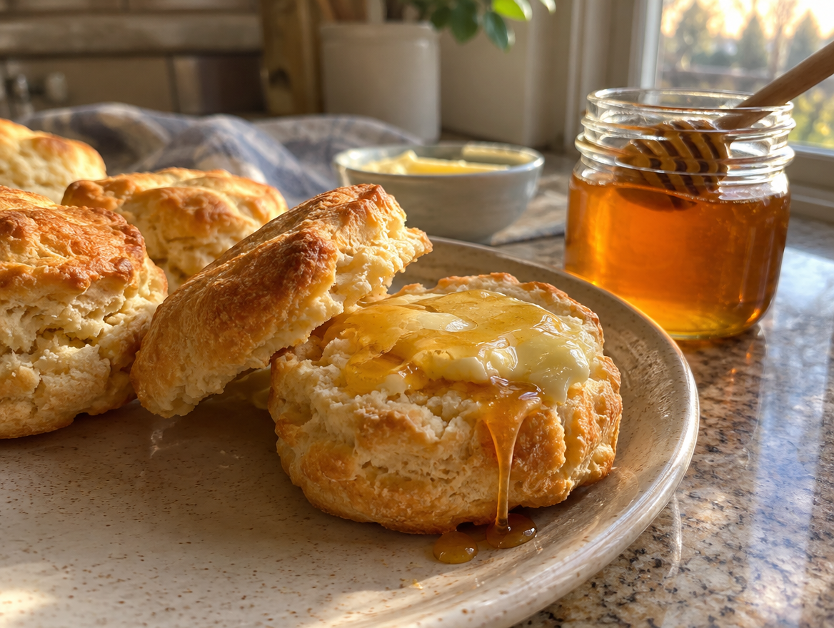 Warm biscuits brushed with honey butter