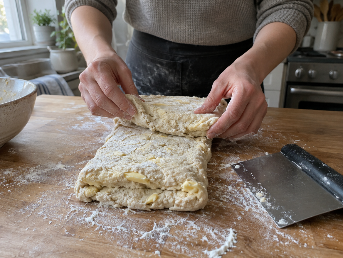 Folding biscuit dough into thirds to build flaky layers