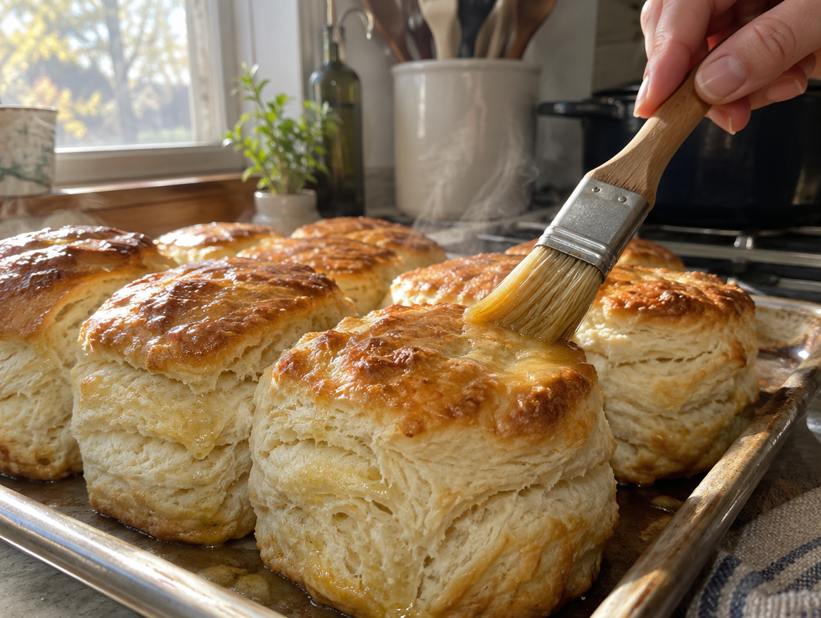 Brushing melted butter on tall golden biscuits fresh from the oven