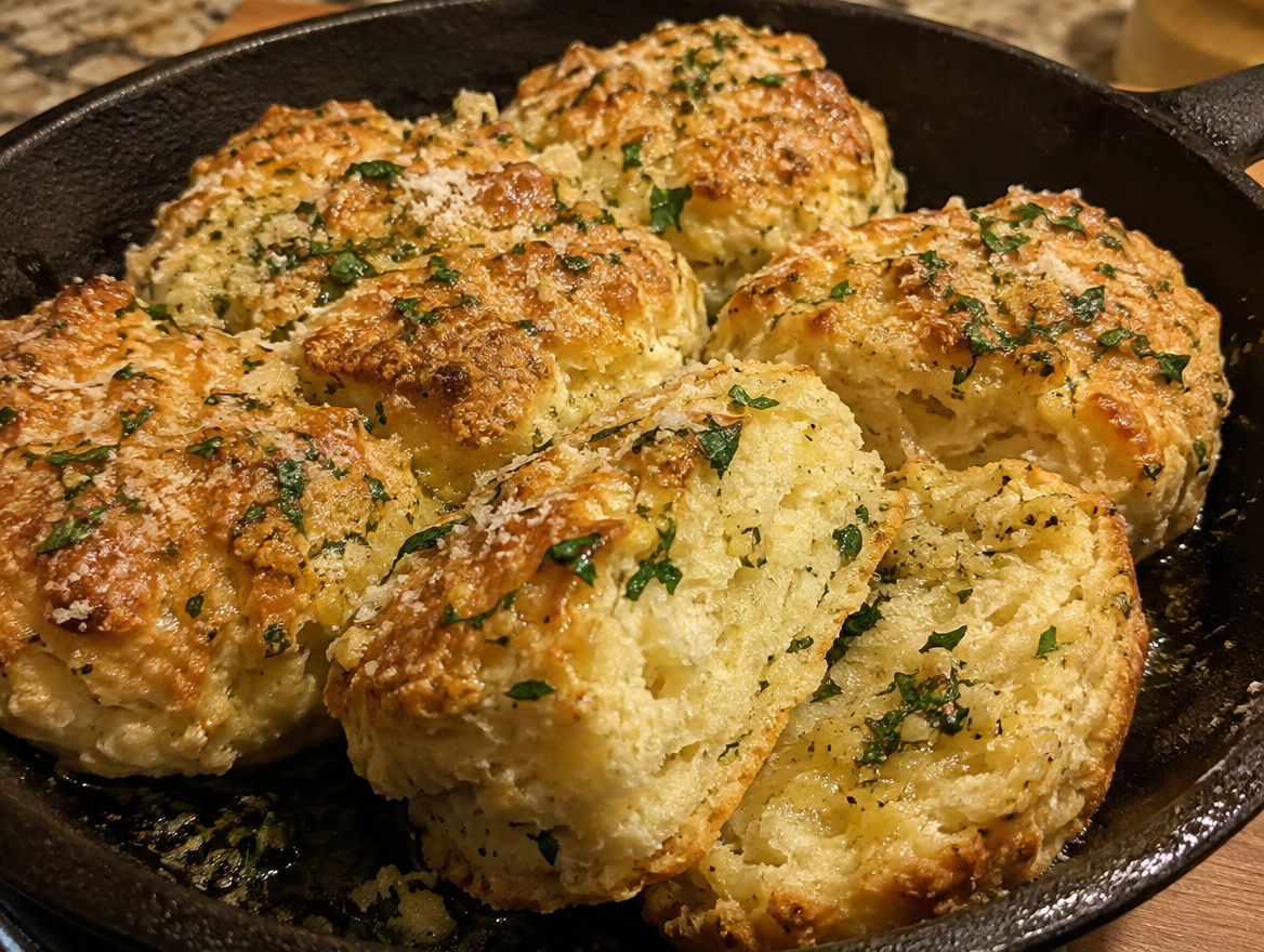 Parmesan garlic butter biscuits with parsley in a skillet