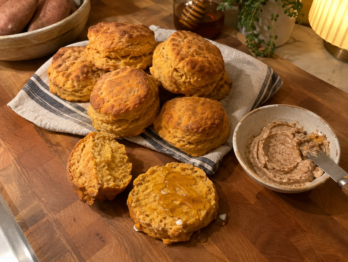 Sweet potato biscuits split and drizzled with honey