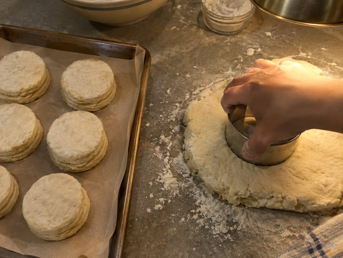 Pressing a biscuit cutter straight down into biscuit dough