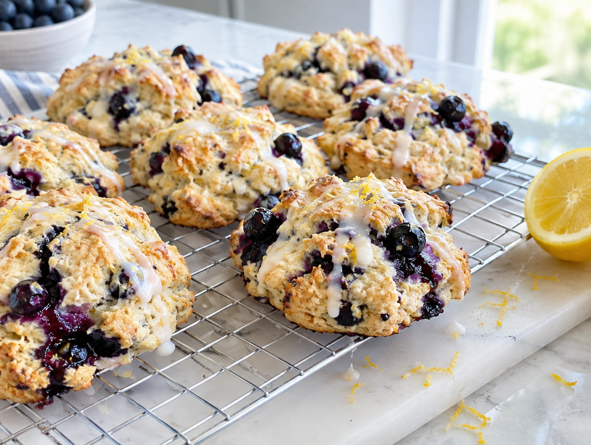Lemon blueberry drop biscuits with lemon glaze on a cooling rack