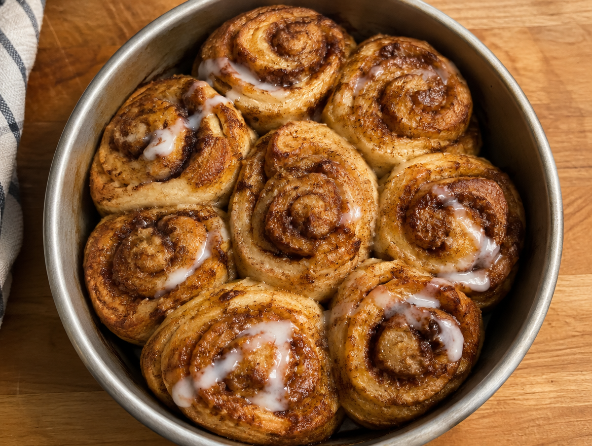 Cinnamon sugar swirl biscuits baked in a round pan
