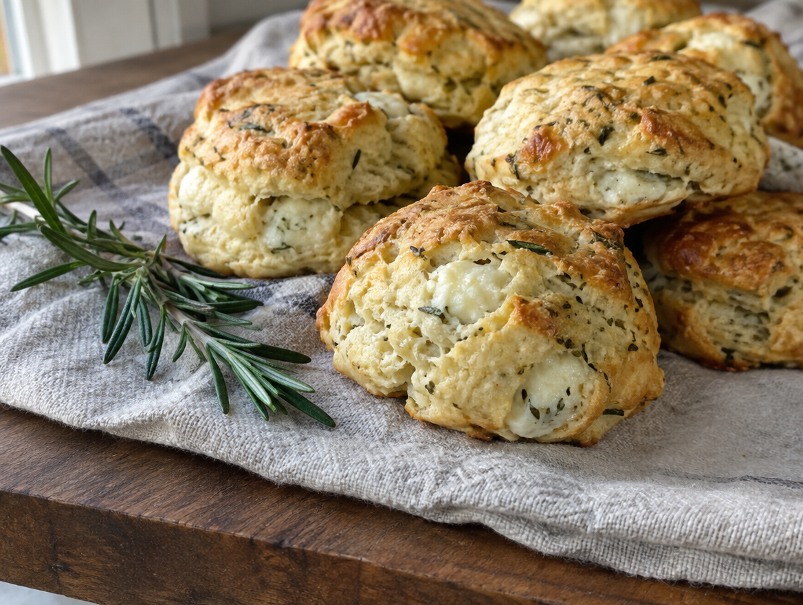 Rosemary goat cheese biscuits on a linen towel