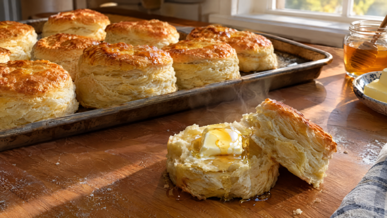 Easy homemade biscuits with flaky layers, one split open with melting butter and honey