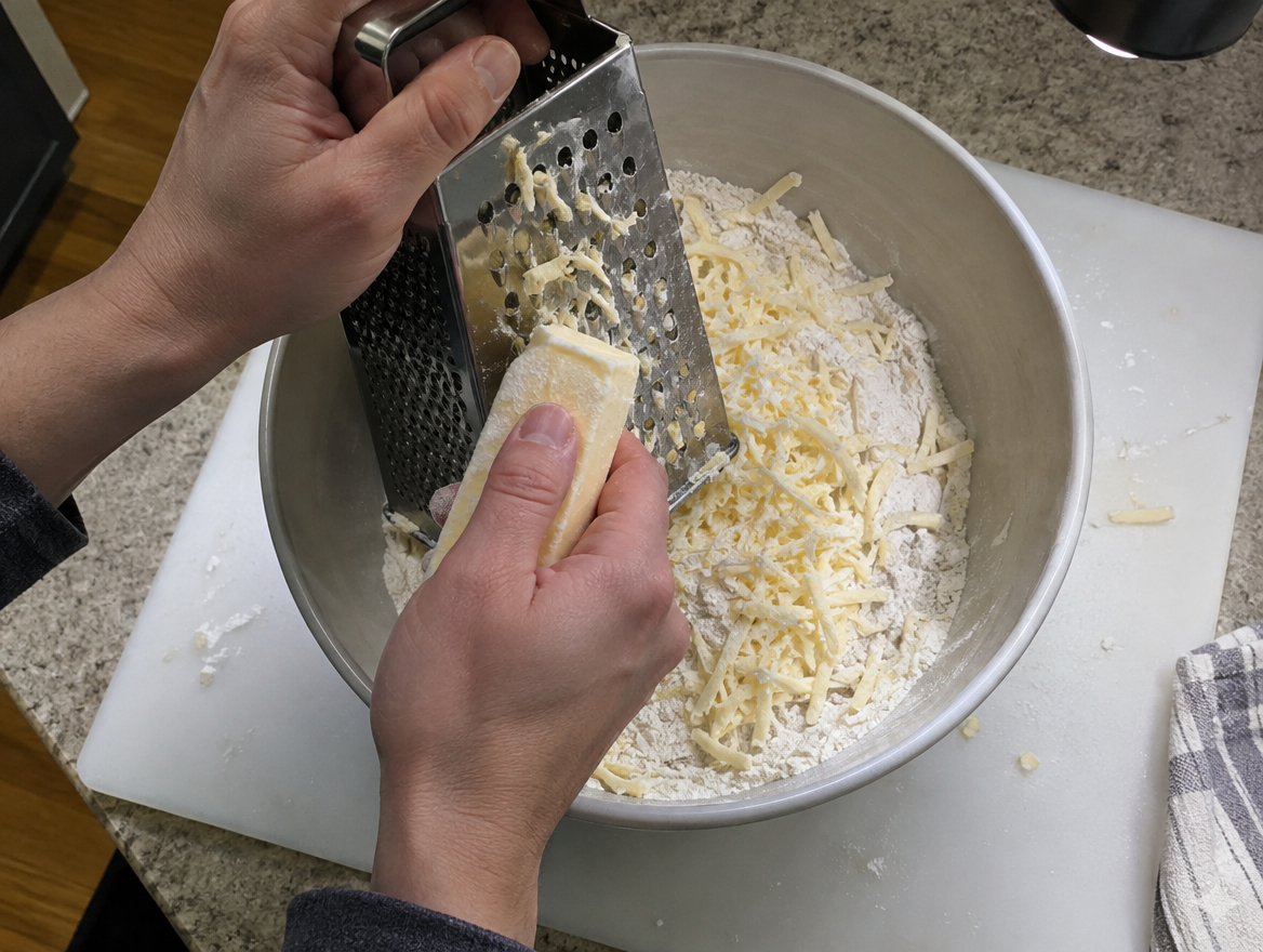 Grating frozen butter into flour for homemade biscuits