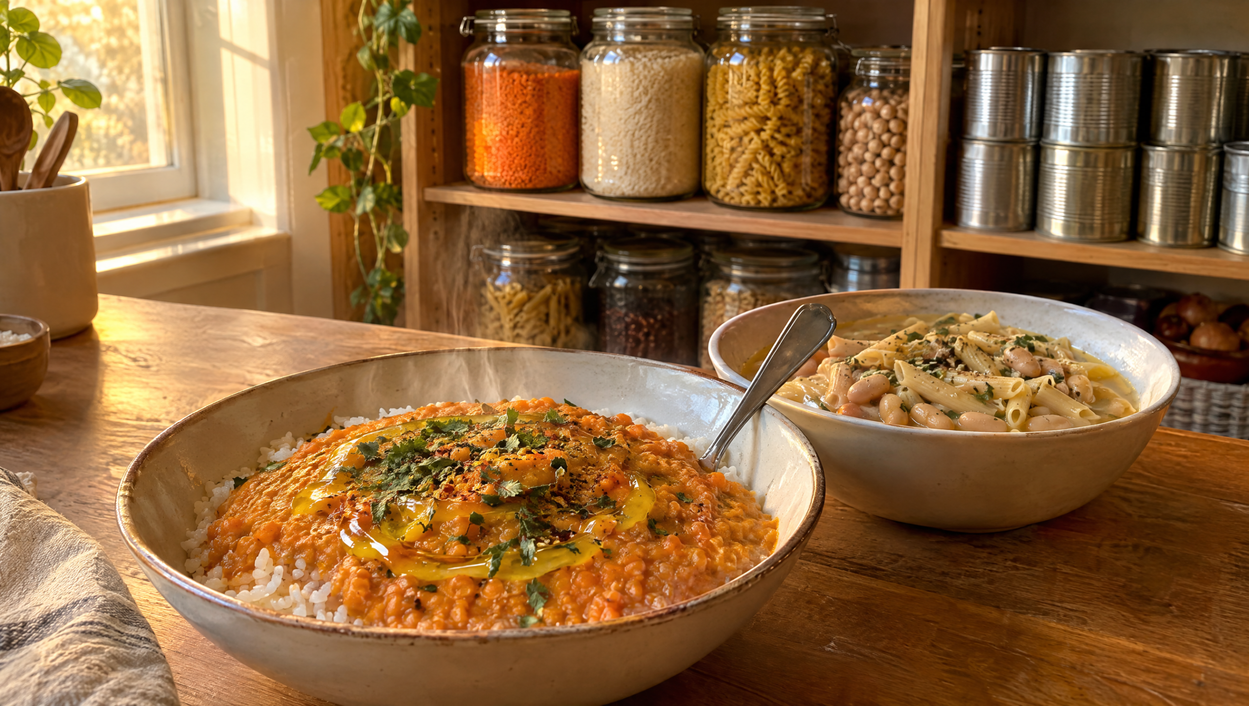 Pantry meals: coconut red lentil dal and white bean pasta in front of a stocked pantry shelf